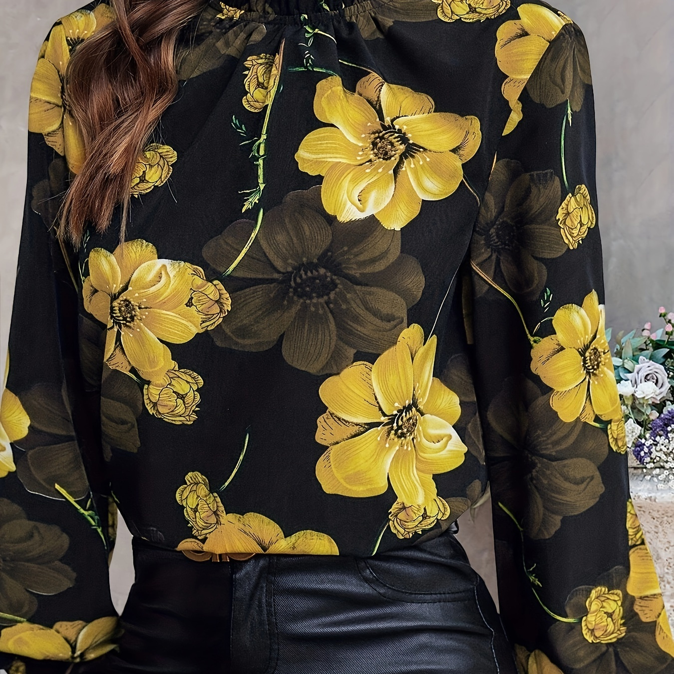 

Floral Print Ruffle Trim Blouse, Vintage Long Sleeve Blouse For Spring & Fall, Women's Clothing