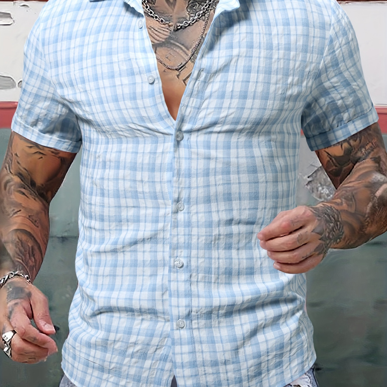 

Plaid Print Men's Summer Fashionable And Simple Short Sleeve Button Casual Lapel Simple Shirt, Trendy And Versatile, Suitable For Dates, Beach Holiday, As Gifts