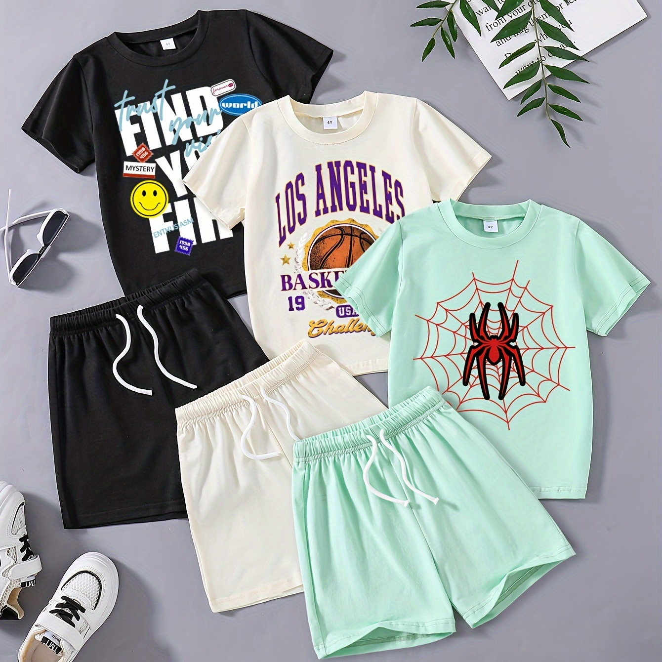 

6pcs Boys Casual Spider, Basketball And Letter Print Comfortable Versatile Short Sleeve T-shirt & Shorts Set, Cool, Lightweight And Comfy Summer Clothes!