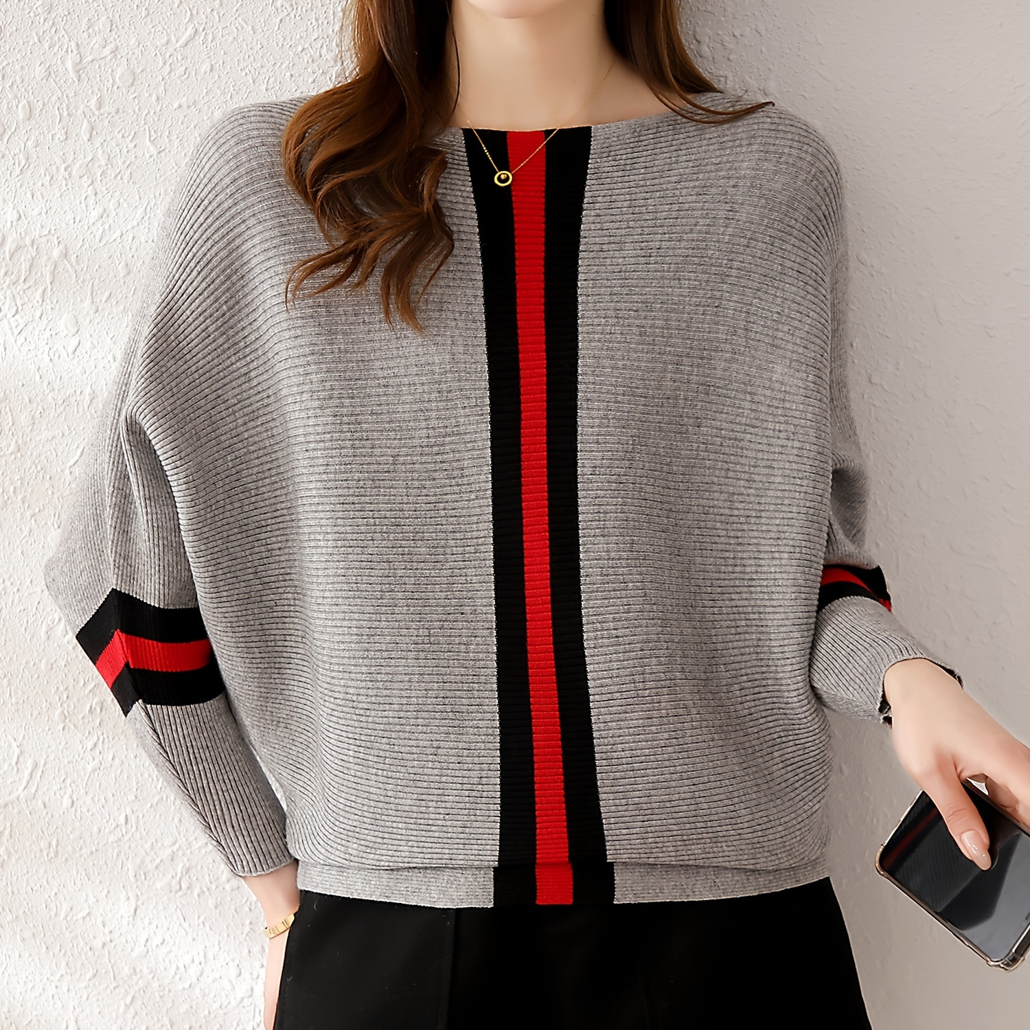 

Color Block Boat Neck Knit Sweater, Elegant Long Sleeve Sweater, Women's Clothing