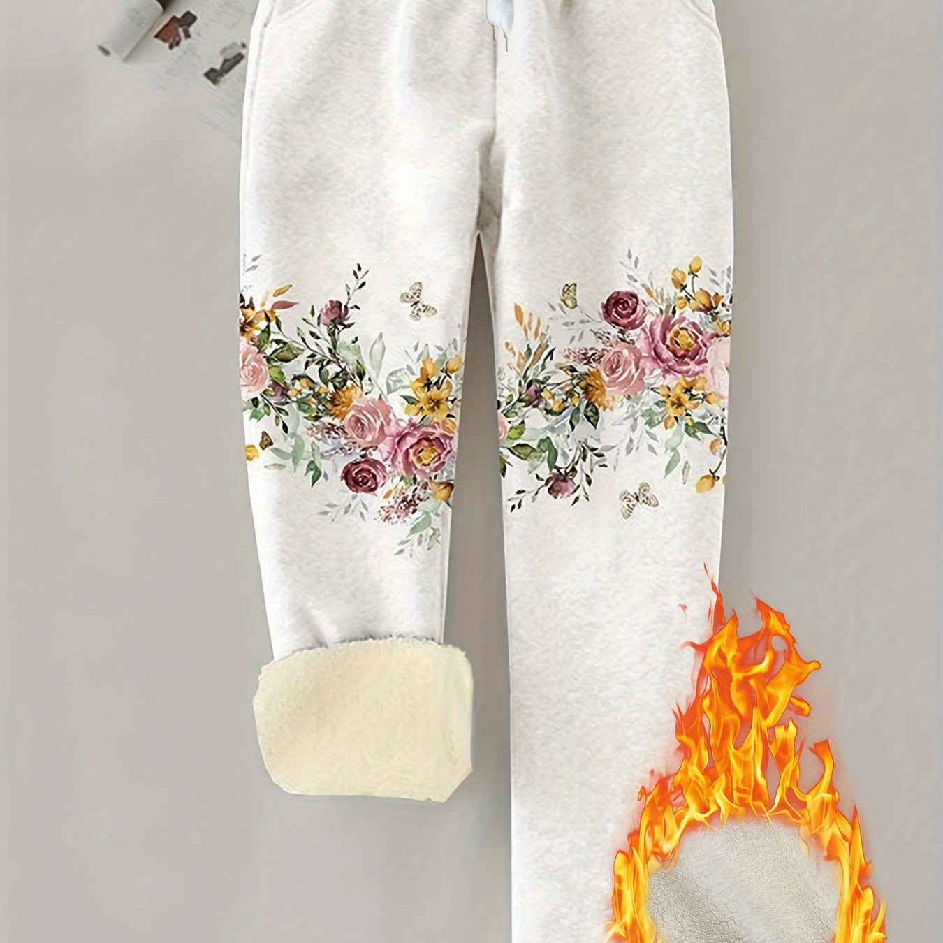 

Cozy Fleece-lined Floral Joggers For Women - Casual Drawstring Waist, Cuff Pants, Fall/winter