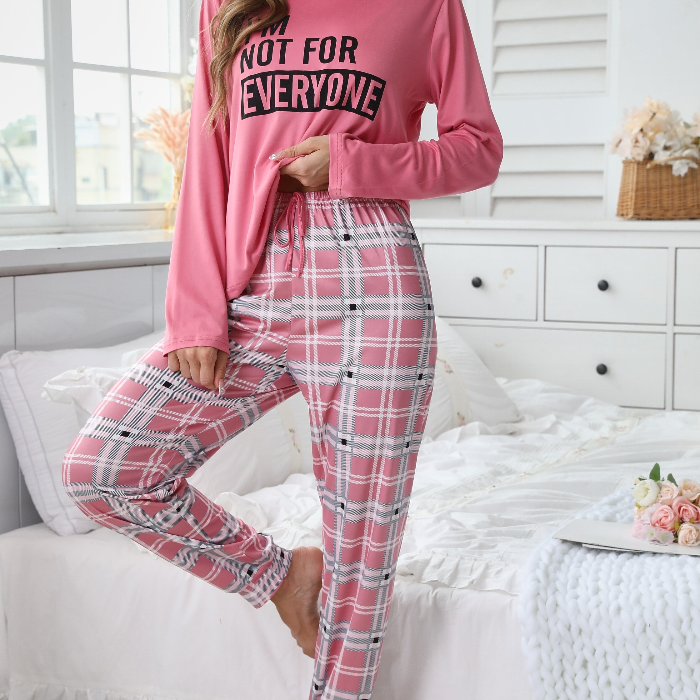

Women's Long Sleeve Round Neck Slogan Print Tee & Plaid Pants Lounge Set, Casual Cozy Loungewear For Fall & Winter