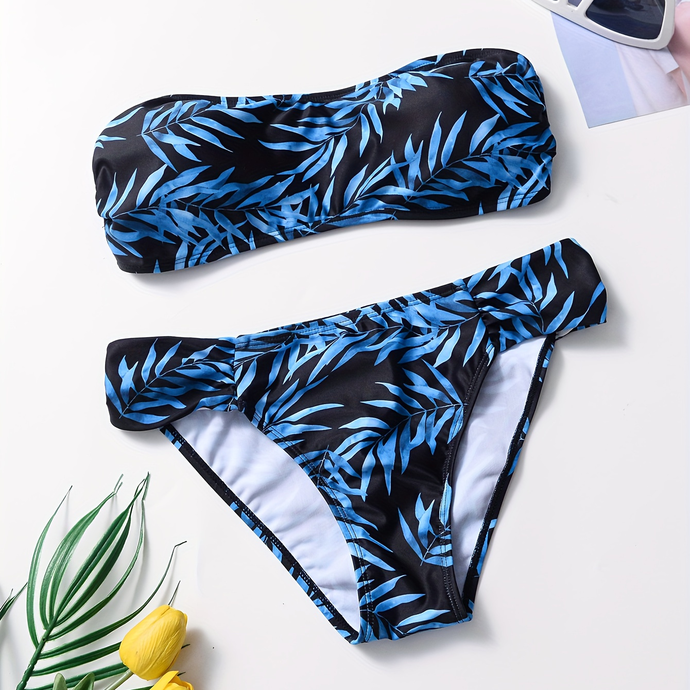 

Leaf Print Bandeau 2 Piece Set Bikini, Back Buckle High Stretch Black & Blue Swimsuits, Women's Swimwear & Clothing
