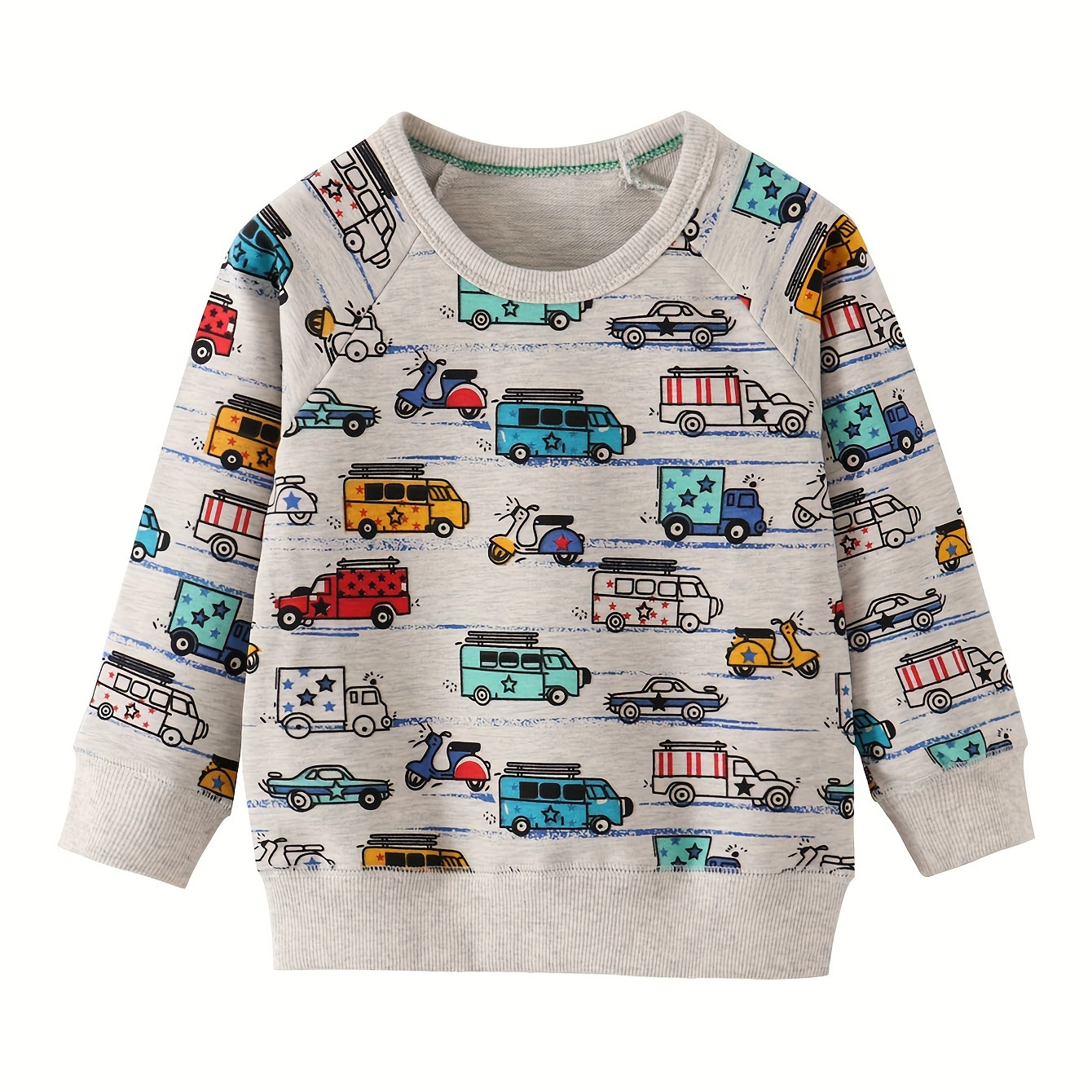 

Cartoon Colorful Trucks Print Boys Casual Creative Pullover Sweatshirt, Long Sleeve Crew Neck Tops, Boys Clothes Outdoor