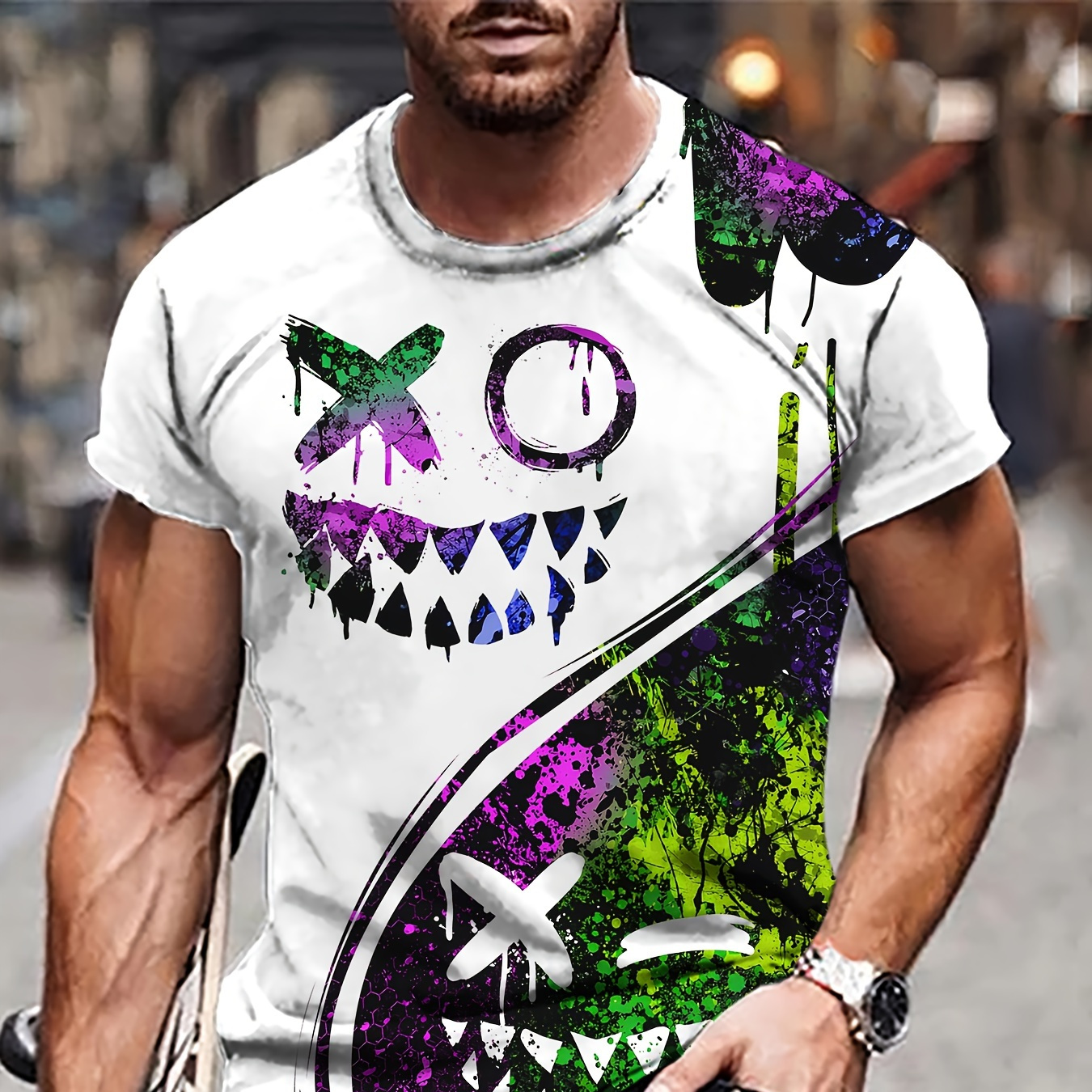 

Men's Smiling Face Print T-shirt, Casual Short Sleeve Crew Neck Tee, Men's Clothing For Outdoor