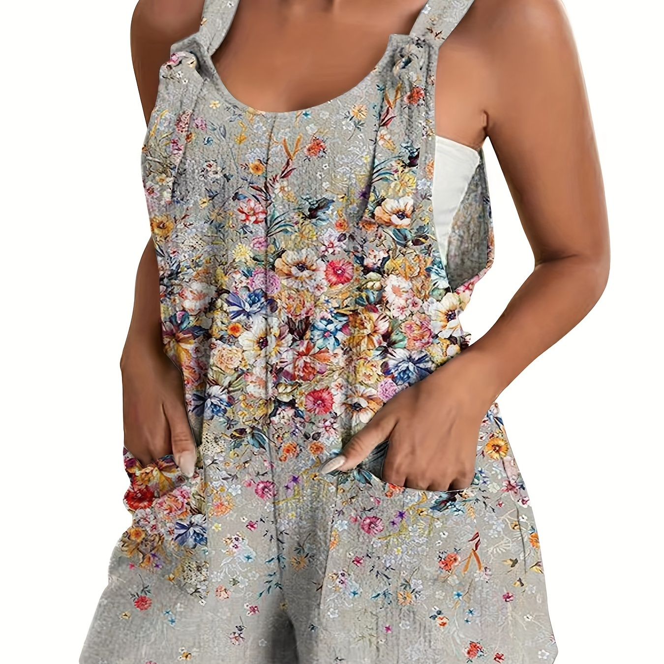 

Plus Size Casual Romper, Women's Plus Floral Print Slight Stretch Knot Overalls With Pockets