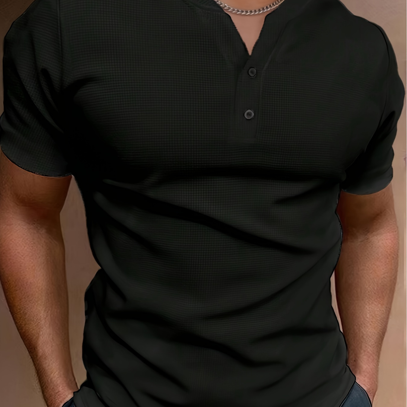

Men's Fashion Solid Henley Shirt, Casual Style Short Sleeve Button Up Notched T-shirt, Breathable Fabric Summer Top