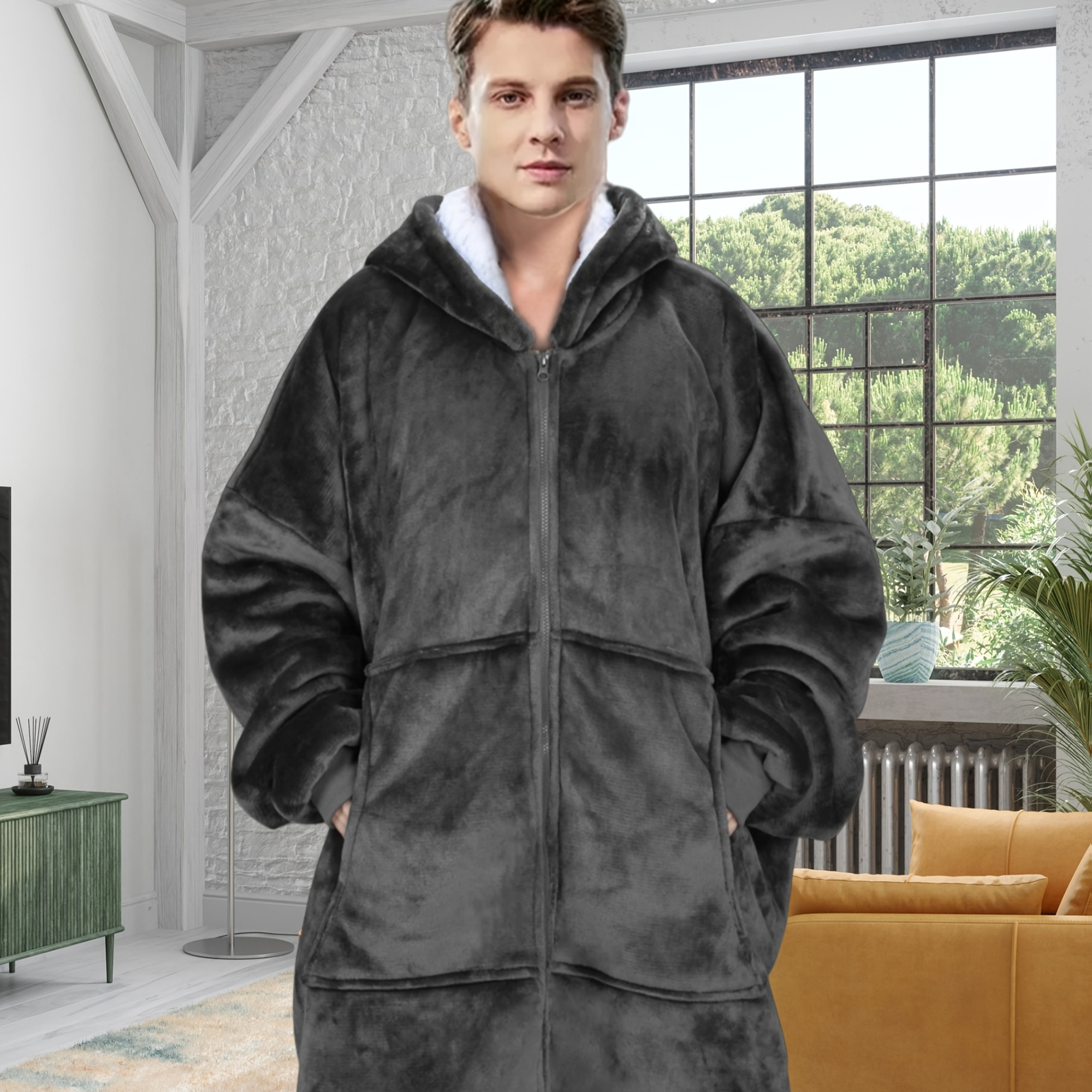 

Men's Winter Coat, Long Sleeve Pullover Sleepwear, Hooded Plush Robe, Casual , Polyester Fabric, Solid Color, Zipper Closure, Loose Fit, Home Bathrobe