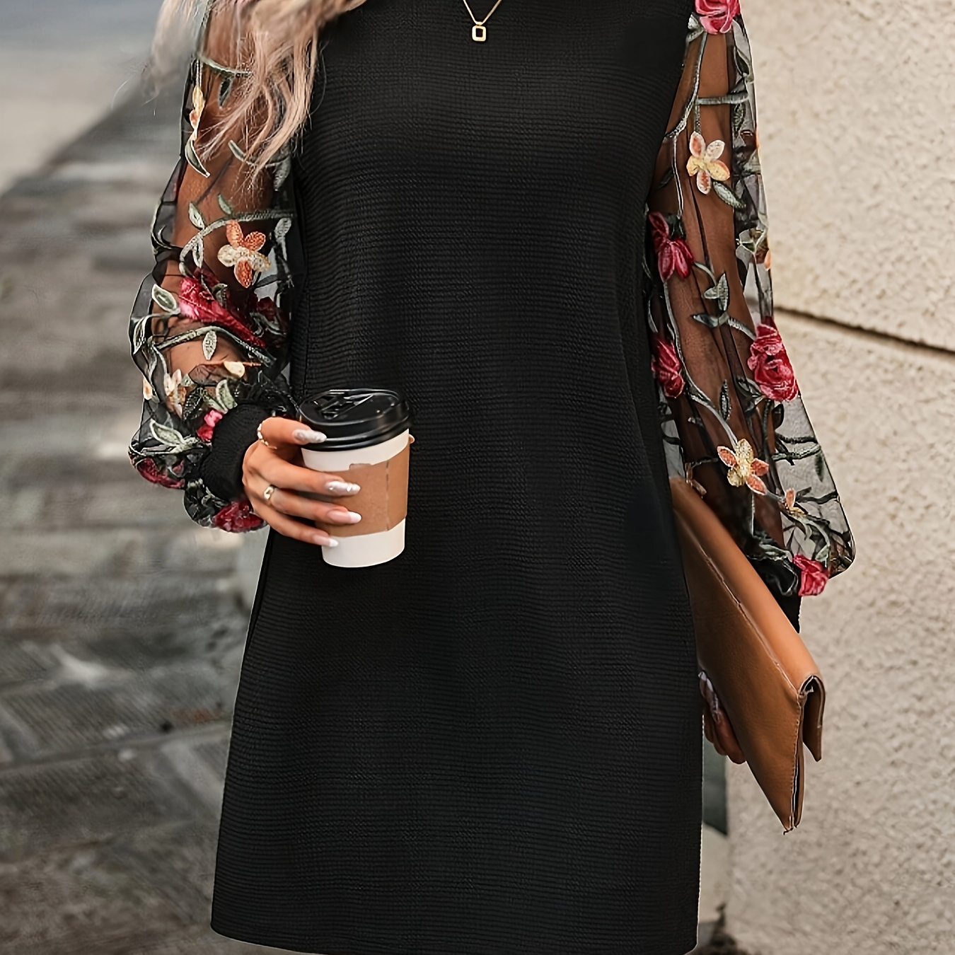 

1pc Elegant Floral Print Sheer Sleeve Tunic Dress, Polyester Knit Fabric, Crew Neck, For All , Women'