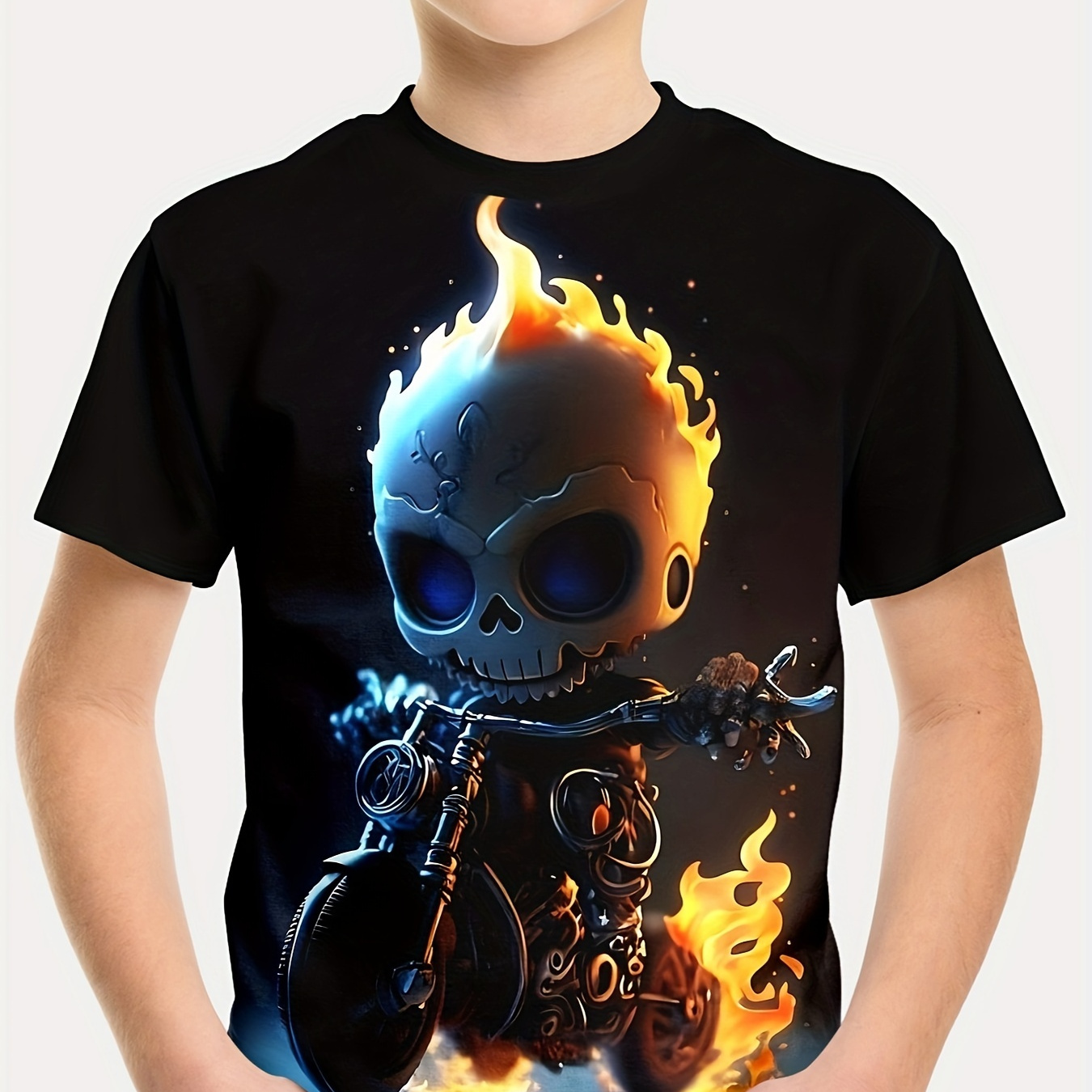 

Cool Skull Motorcycle Rider 3d Print Tee Tops, Boy's Round Neck Casual Short Sleeve Soft Versatile T-shirt