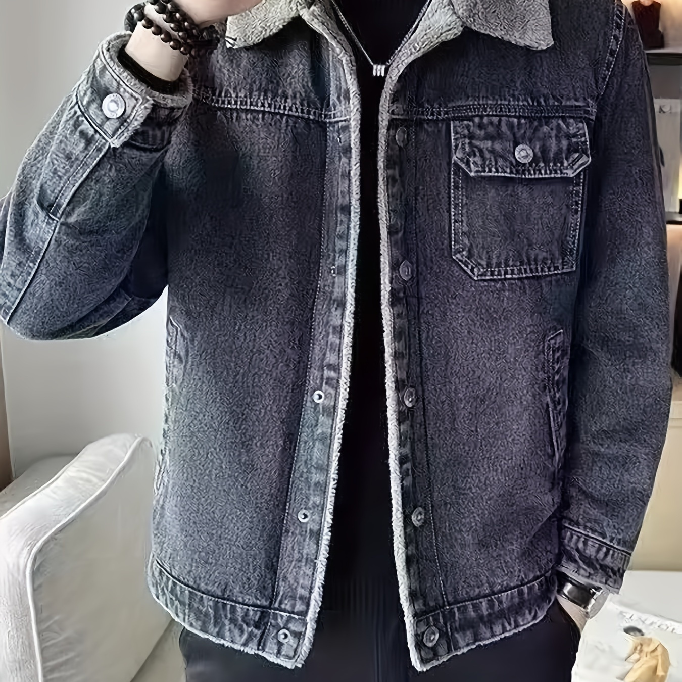 

Vintage-inspired Men's Fleece-lined Denim Jacket - Casual, Warm & Stylish With Button Closure For Winter