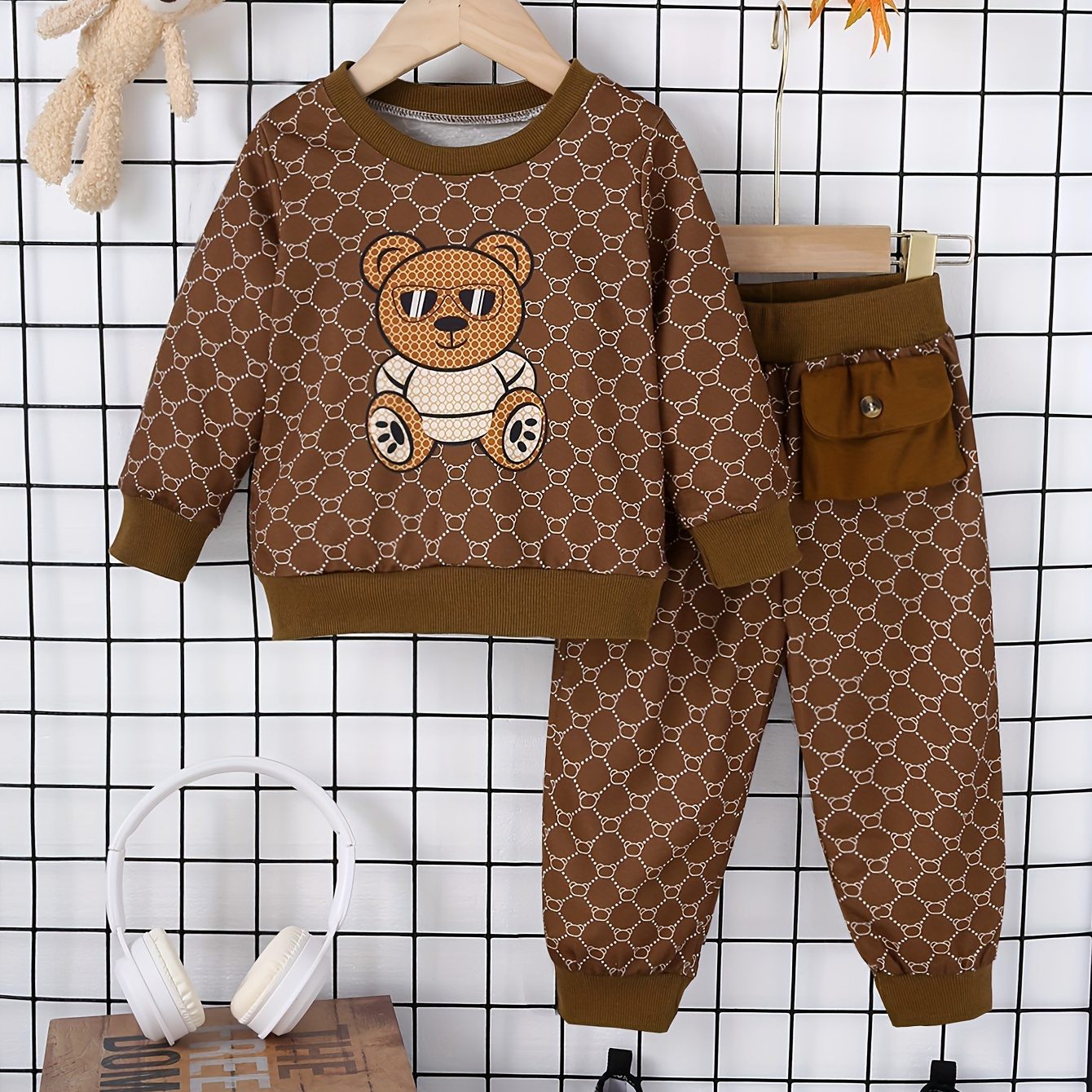 

2 pièces Ensemble de vêtements pour bébé garçon, sweat-shirt à motif d'ours et pantalon décontracté à poches, pour l'automne et l'hiver