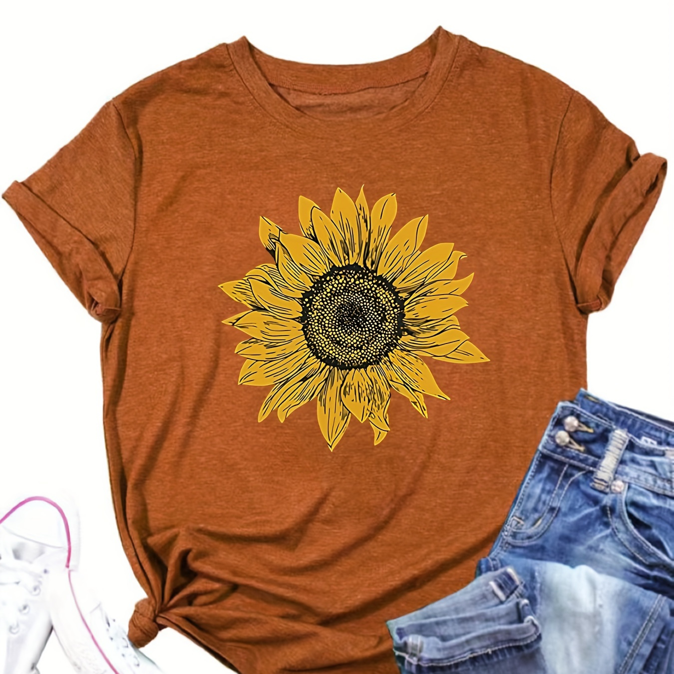 

Women's Casual Crew Neck Short Sleeve T-shirt With Sunflower Print - Polyester Blend (60% Polyester, 35% Rayon, 5% Spandex) Slight Stretch Knit Fabric Regular Fit Pullover Tee For All Seasons