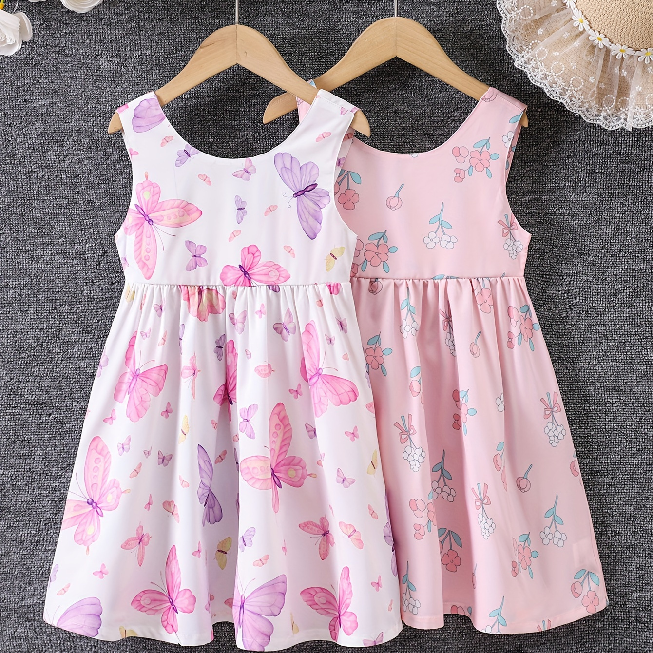 

2pcs Girls' Sleeveless Dress Set, Pink Floral & Butterfly Print Casual Sundresses, Cute Style, Perfect For Spring/summer - Twin Pack