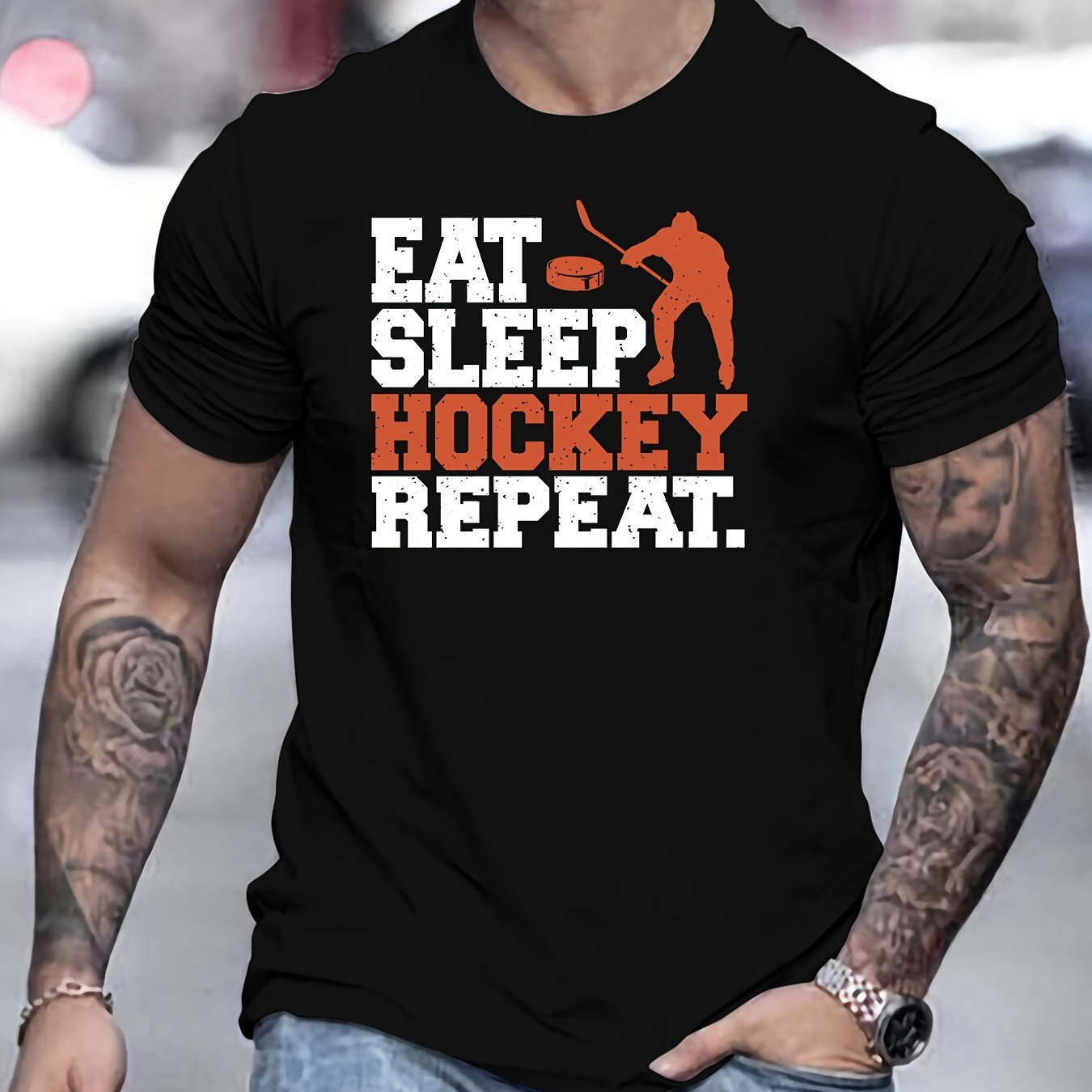 

Eat Sleep Hockey Repeat Print Crew Neck T-shirt For Men, Casual Short Sleeve Top, Men's Clothing