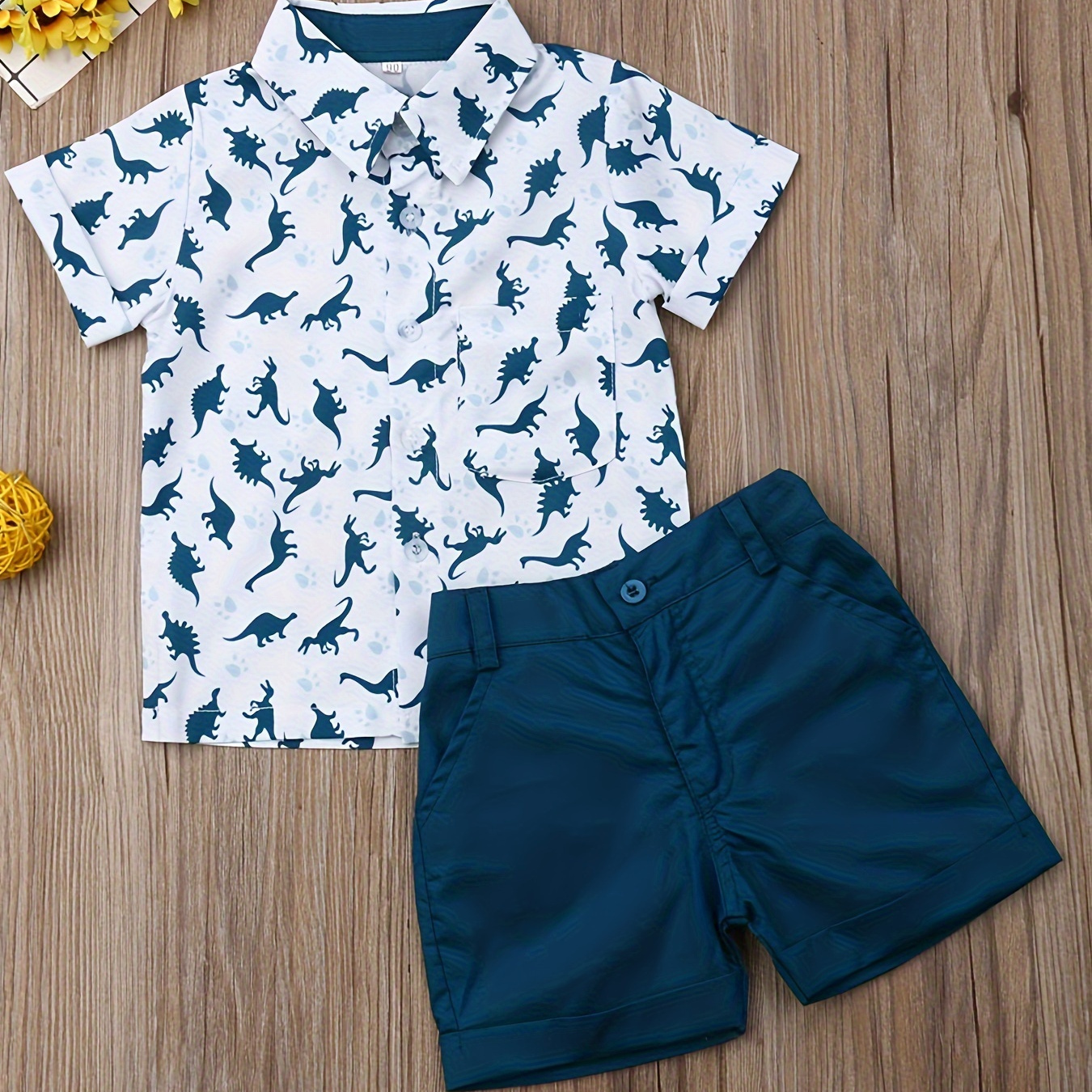 

Baby Boys Summer Clothes Set, Dinosaur Print Short Sleeve Lapel Neck T-shirt + Solid Color Shorts Casual Wear