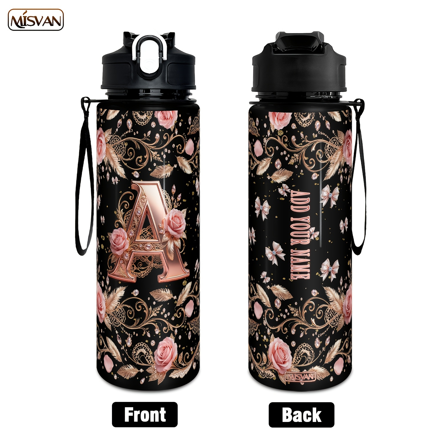 TEMU 1pc Custom Name, Rose Golden Floral Pattern Name Print 750ml/25oz Water Bottle. Letter Pattern/leakproof /large Capacity For Fitness, Cycling,
