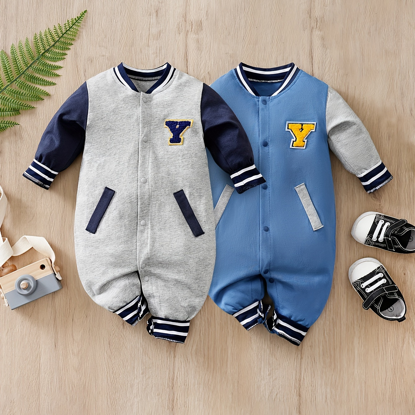 

2pcs, Baby Boy's Embroidery Long Sleeves Jumpsuit With Pockets, Suitable For Everyday & Outdoors, Autumn And Winter Essential, Ideal Gift