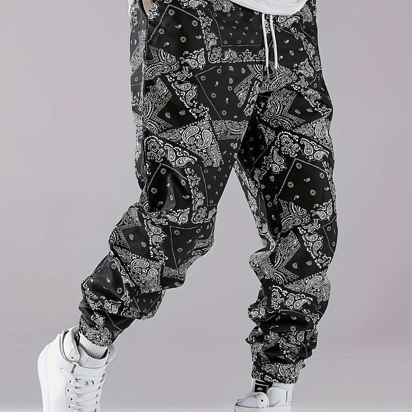 

Street Style Men's Paisley Pattern Allover Print Footed Trousers With Waist Drawstring For Spring Fall Outdoor