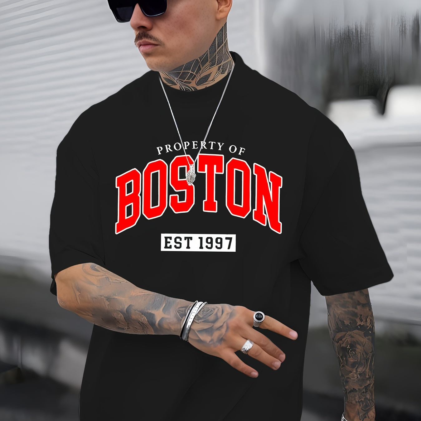 

Men's Casual Short-sleeve T-shirt With " Boston Est 1997 " Vibrant Letter Print, Comfortable Top For Spring And Summer, Crew Neck Tee, Relaxed Fit
