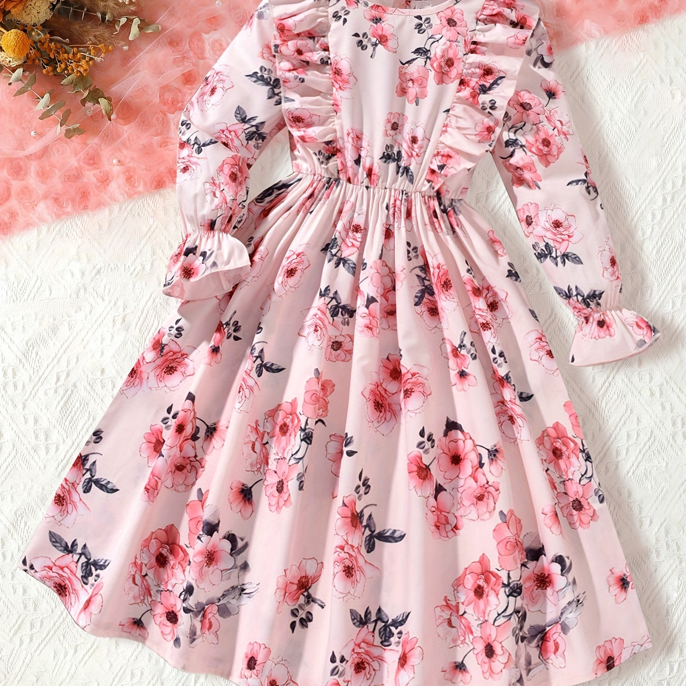 TEMU Elegant Floral Allover Long Sleeve Dress For Girls, Spring/fall Vacation Party Dresses Gift