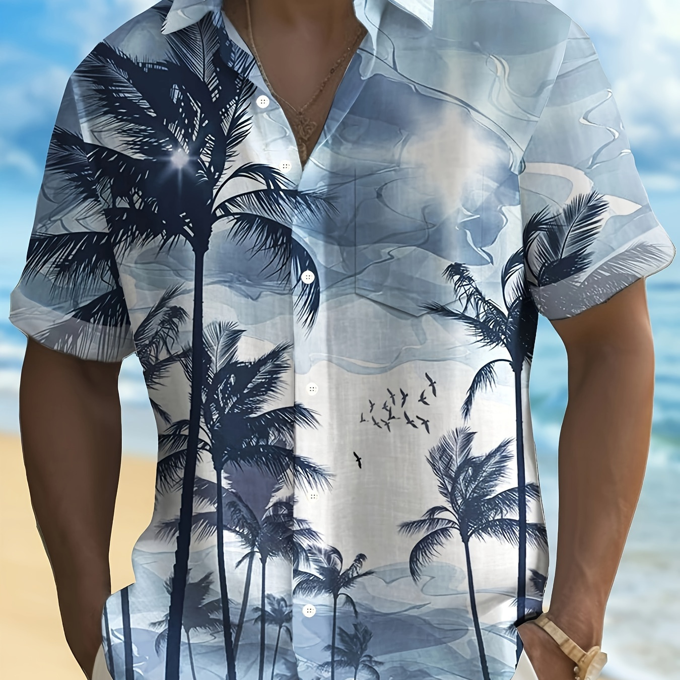 

Plus Size Men's Coconut Tree Print Short Sleeve Button Up Lapel Shirt, Summer Outdoor