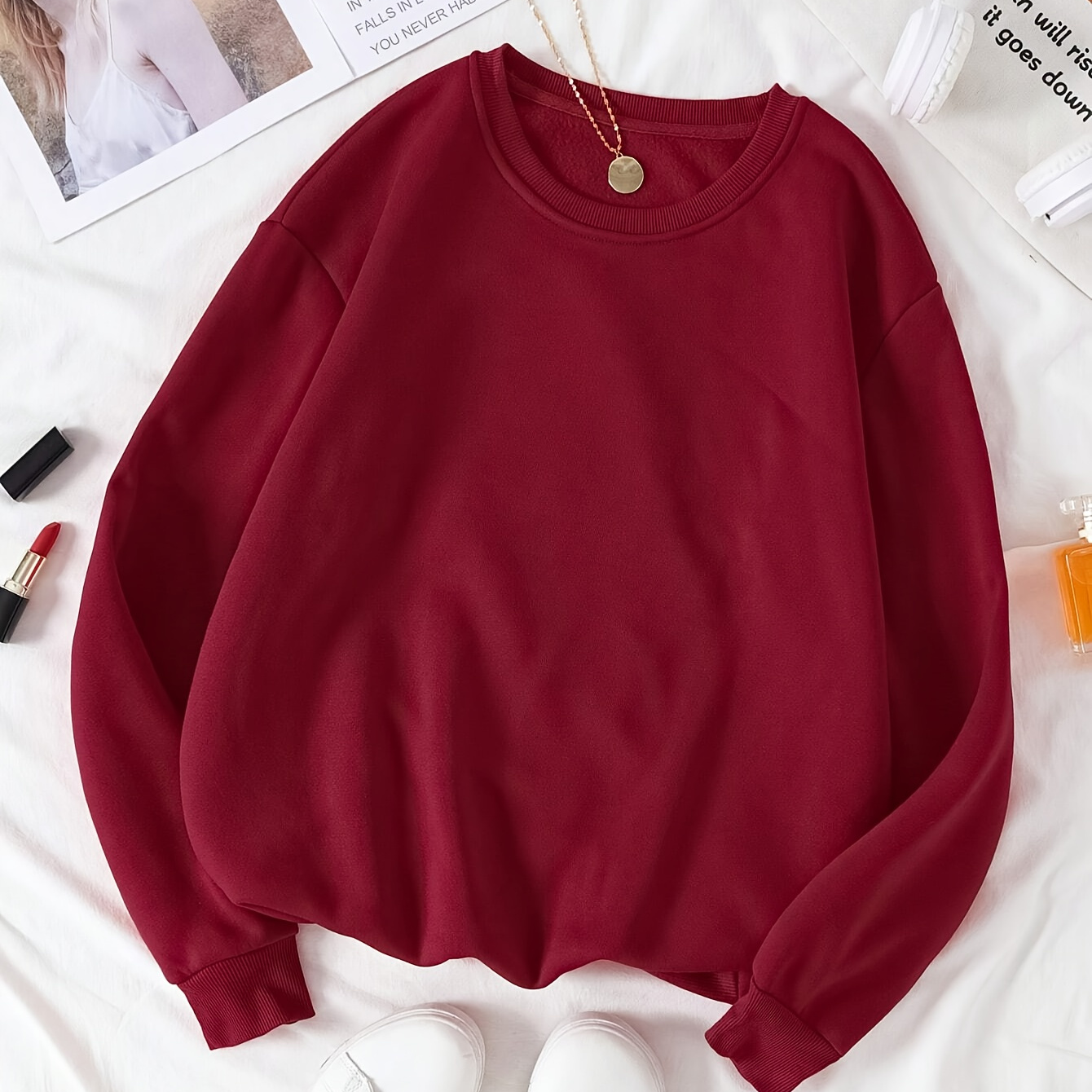 

Women's Solid Color Plush-lined Warm Crew Neck Sweatshirt Long Sleeve Casual Top Basic Style, Thermal Wear