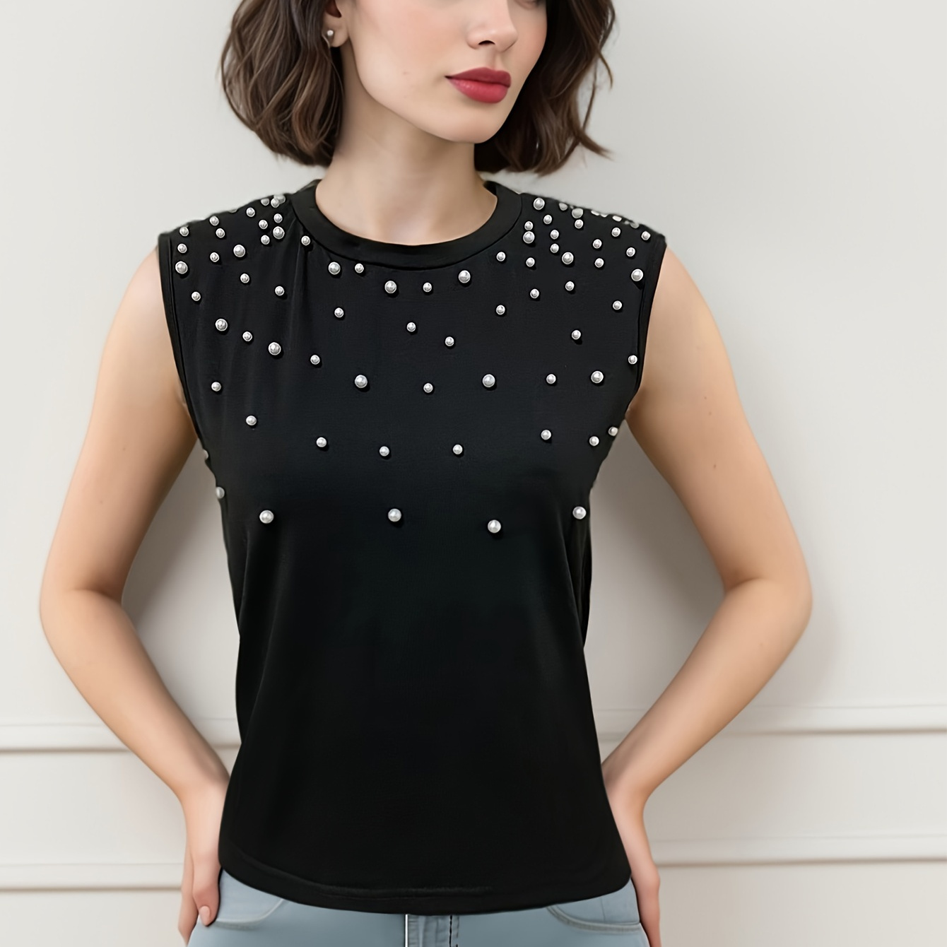 

Crew Neck Beaded T-shirt, Casual Sleeveless Top For Spring & Summer, Women's Clothing