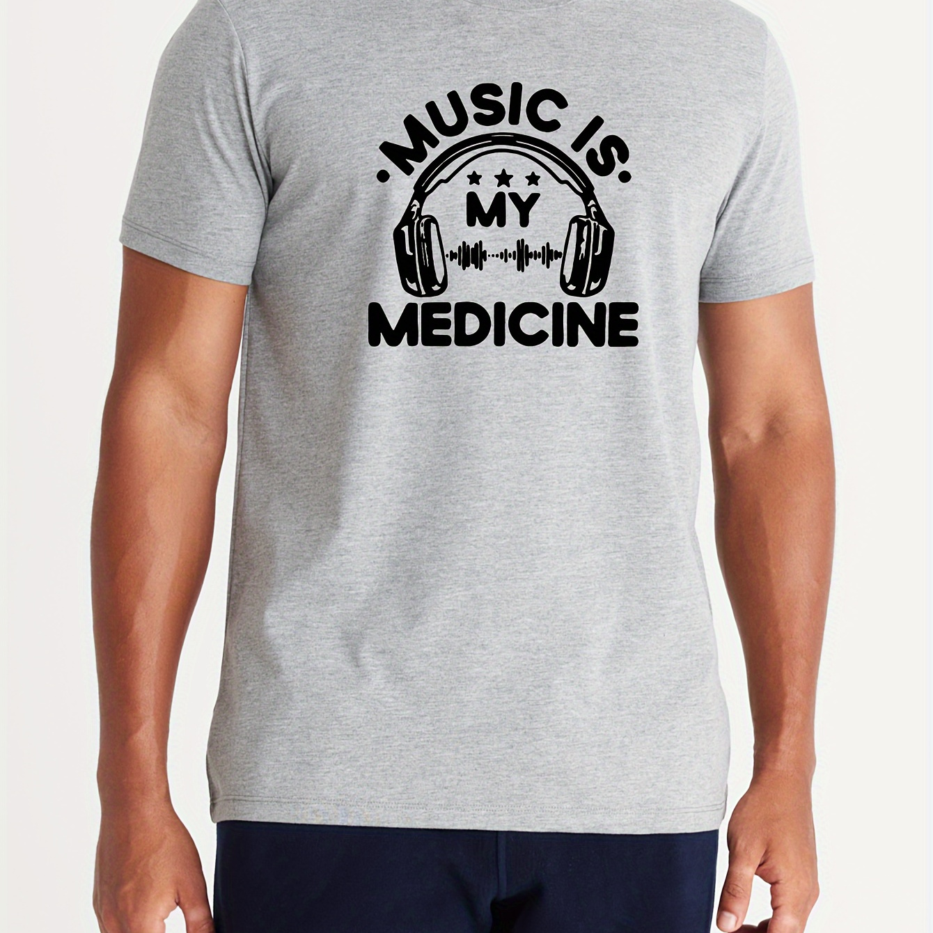 

' Music Is My Medicine 'creative Print Men's Short Sleeve Cotton T-shirt, Casual Round Neck Top, Versatile And Comfortable Tee, Spring& Summer Collection