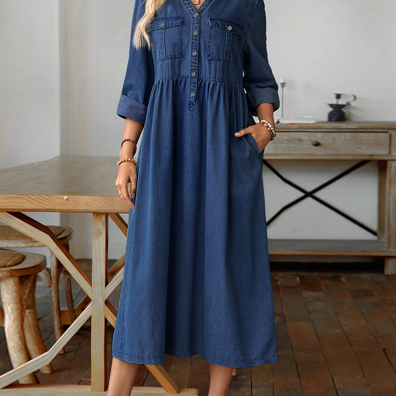 

Plus Size Plain Dark Washed Up Long Sleeve Elegant Style Maxi Denim Dress, Women's Denim Jeans & Clothing