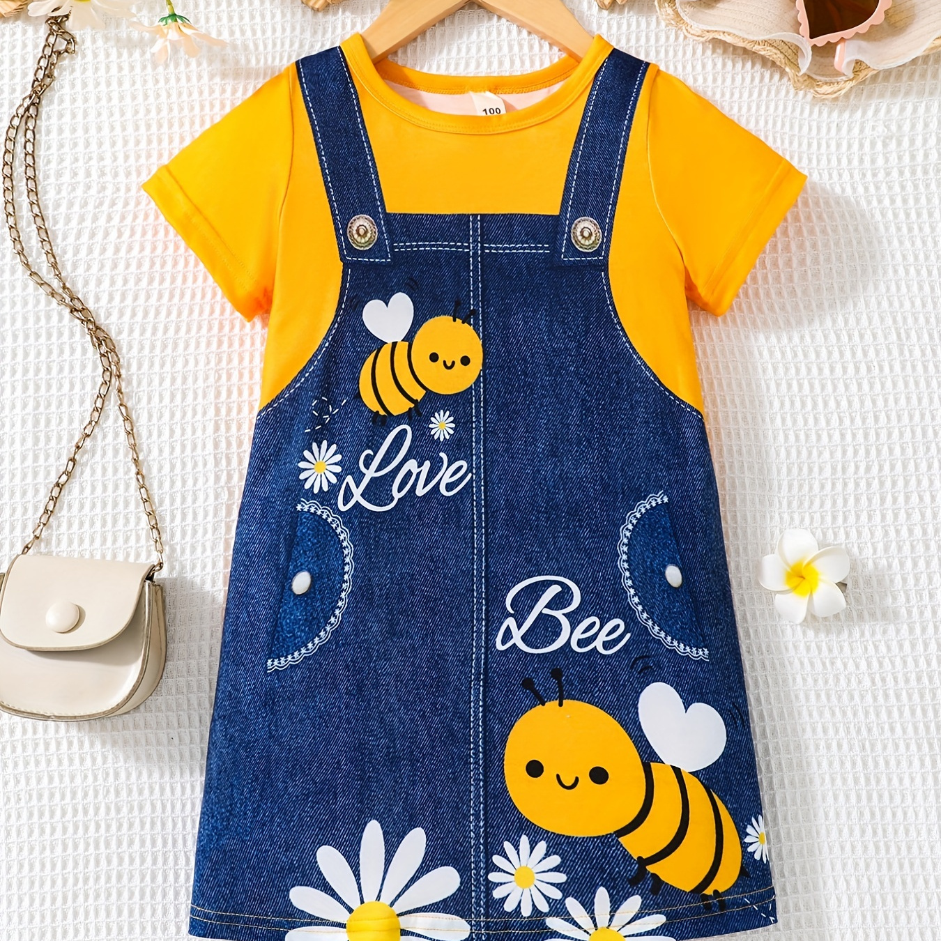 TEMU Girls' Fake Two-piece Cartoon Bee Print Cute T-shirt Dress For Party Vacation Outfit, Kid Girl's Dresses Gift Idea