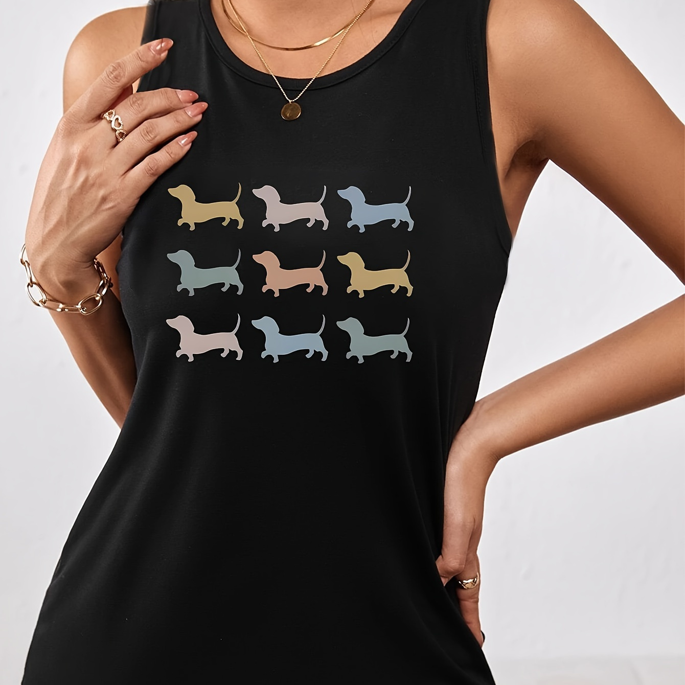 

Women's Fashion Contrast Dachshund Dog Print Sleeveless Round Neck Tank Top T-shirt, Casual Summer Vest