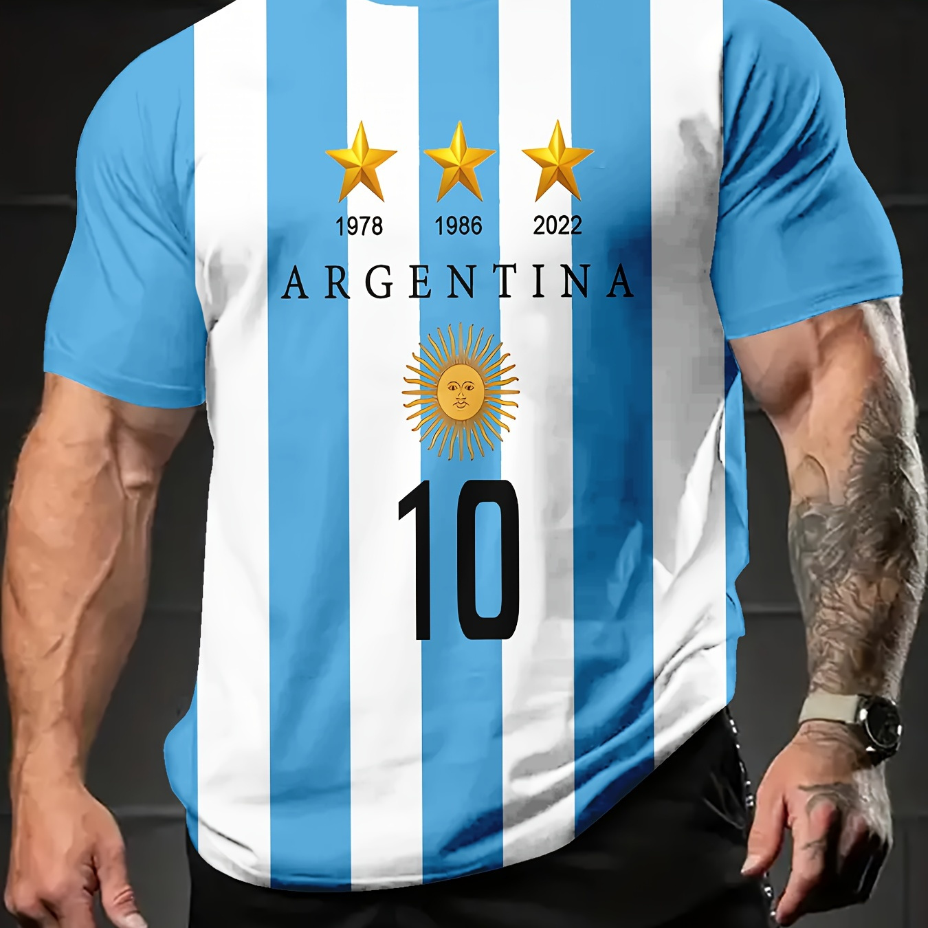 

Men's Casual Striped T-shirt With Argentina Emblem - Short Sleeve, Crew Neck, Lightweight Polyester, Summer Outdoor Wear