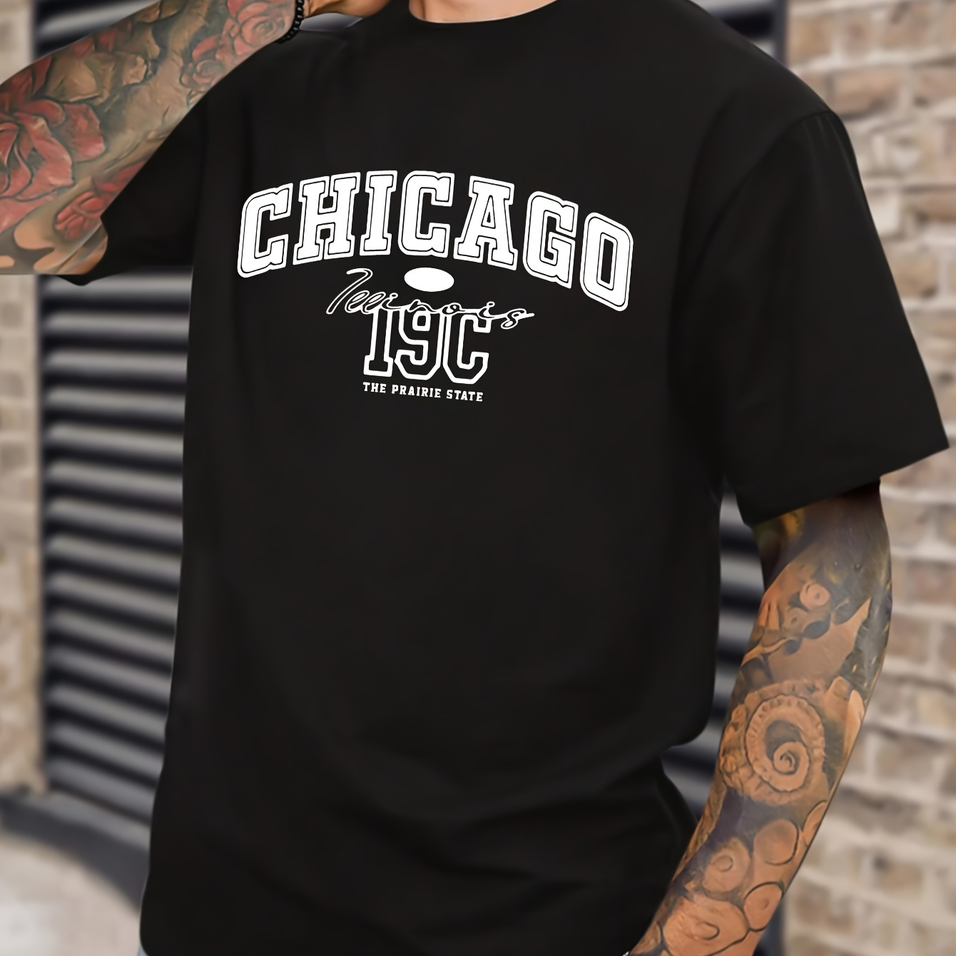 

Men's Casual Cotton Short-sleeved T-shirt, Spring And Summer " Chicago" Print Top, Comfortable Round Neck Tee, Regular Fit, Versatile Fashion For Everyday Wear