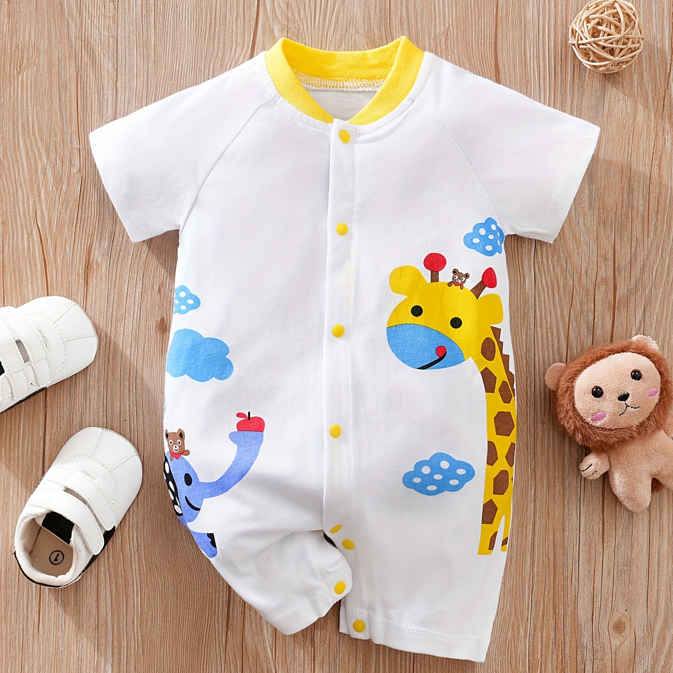 

Infant's Cute Giraffe & Elephant Print Cotton Bodysuit, Casual Button Front Short Sleeve Romper, Baby Boy's Clothing