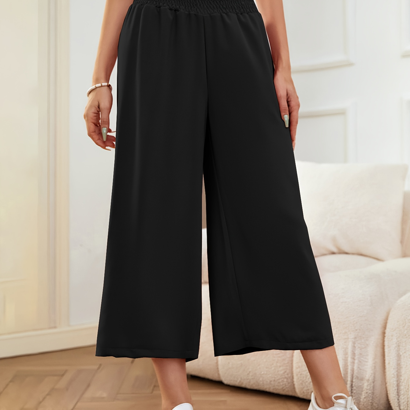 

Shirred Waist Wide Leg Cropped Pants, Casual Loose Pants For Spring & Summer, Women's Clothing