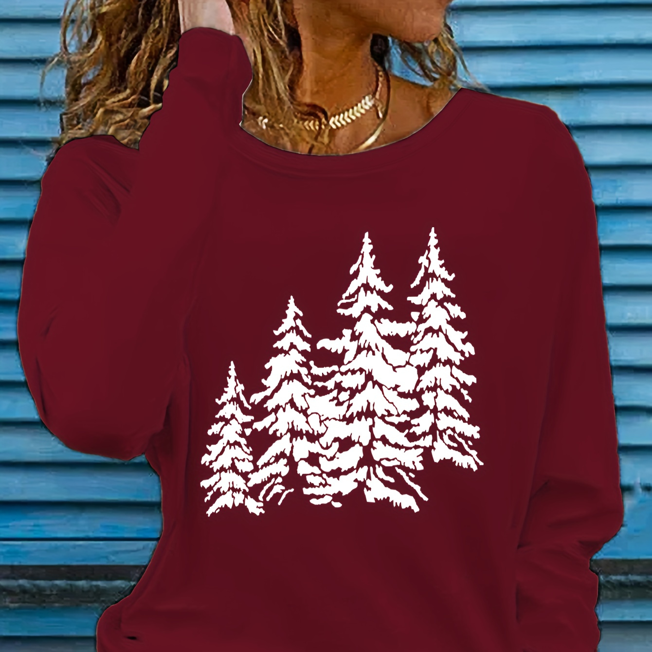 

Christmas Tree Print Tee, Casual Long Sleeve Crew Neck T-shirt, Women's Clothing