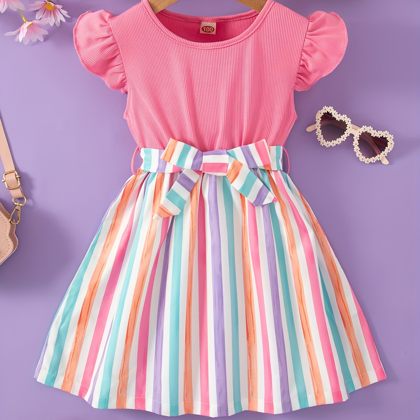

Girls Sweet Splicing Stripped Short Sleeve Belted Dress Cute Dresses For Summer Holiday Outdoor Party