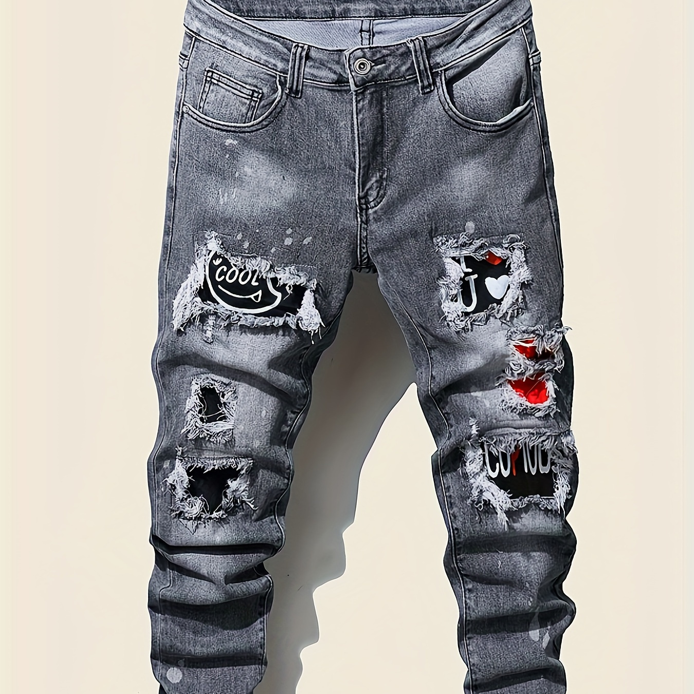 

Slim Fit Patchwork Jeans, Men's Casual Street Style Distressed Stretch Denim Pants