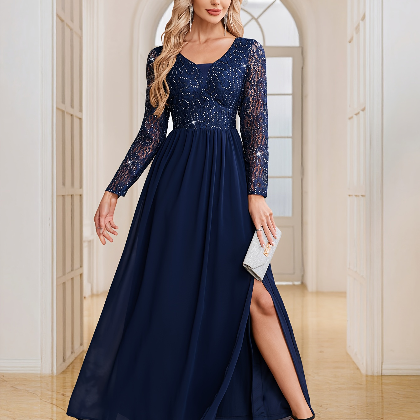 navy blue maxi dress long sleeves Miss Circle Women Giada Lace Deep V Sleeve Style fit Navy Round Neck Long Sleeve