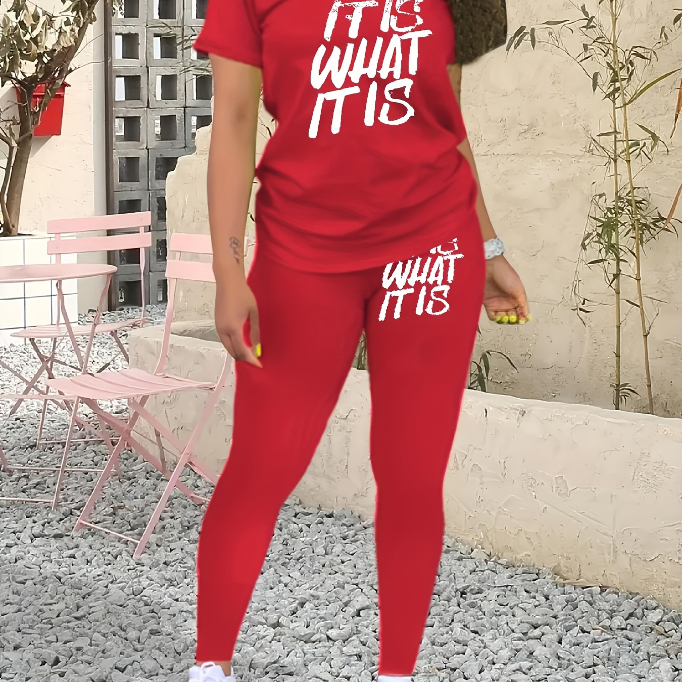 

Plus Size It Is What It Is Print Two-piece Set, Crew Neck Short Sleeve Top & Pants Outfits, Women's Plus Size clothing