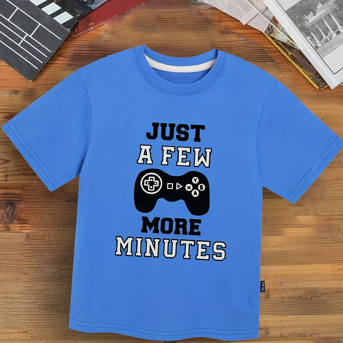 

Funny Gamepad And Just A Few More Minutes Letter Print Boys Creative Cotton T-shirt, Casual Lightweight Comfy Short Sleeve Crew Neck Tee Tops, Kids Clothings For Summer