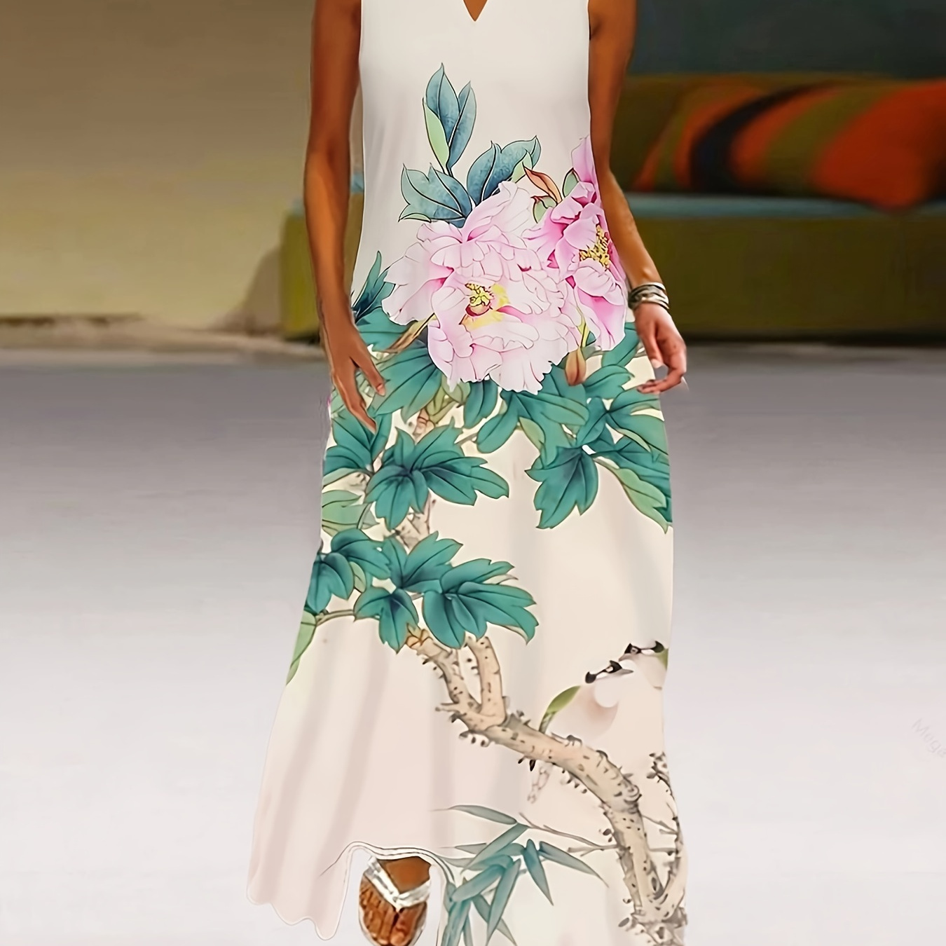 

Floral Print Notched Neck Tank Dress, Elegant Sleeveless Maxi Tank Dress For Spring & Summer, Women's Clothing