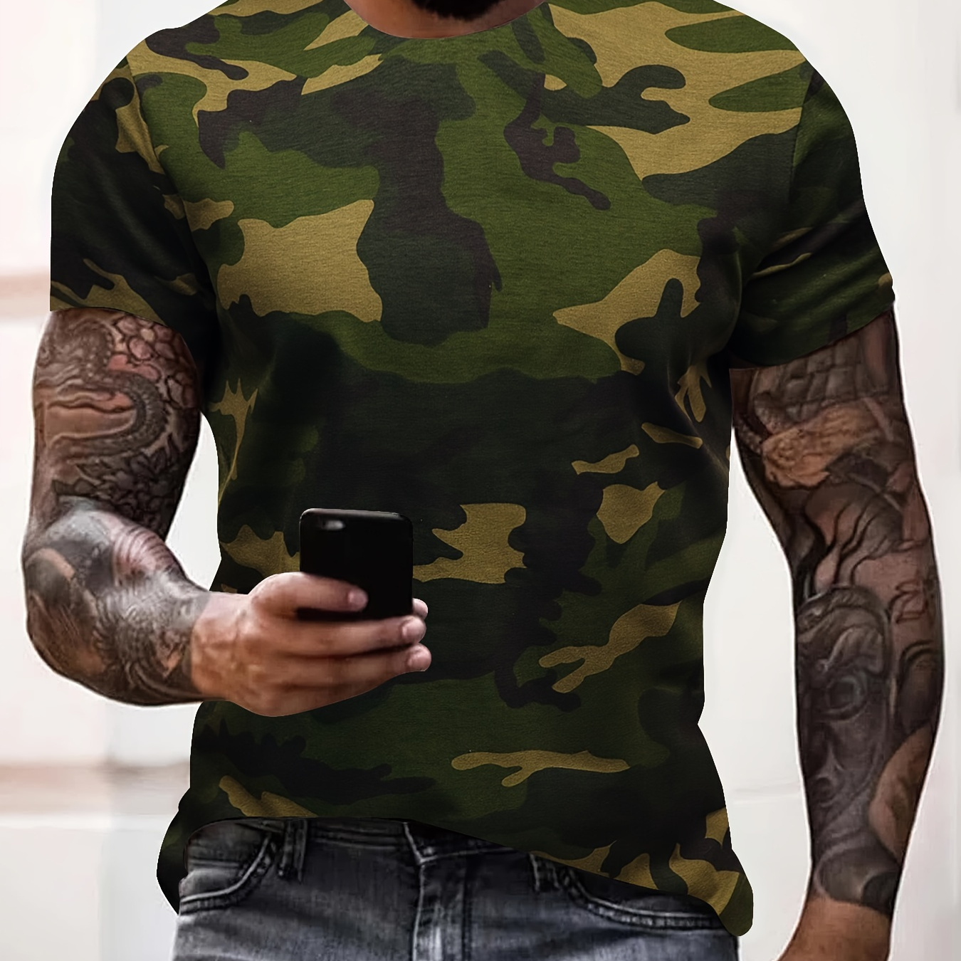 

Camouflage Pattern Fashion Digital Print Men's Stretch Sports Short Sleeve Crew Neck T-shirt, Summer Outdoor