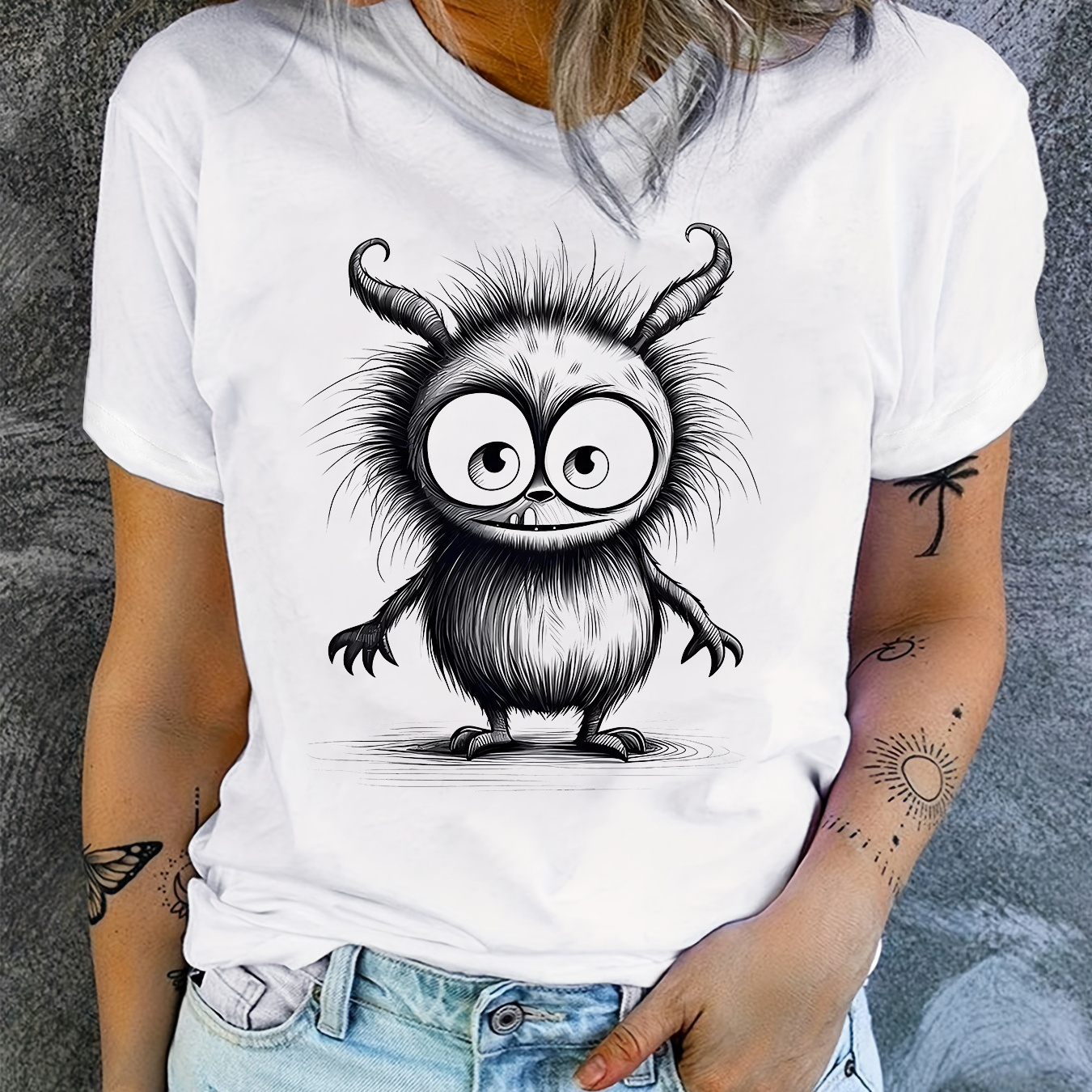 

Cute Monster Print Crew Neck T-shirt, Short Sleeve Casual Top For Summer & Spring, Women's Clothing