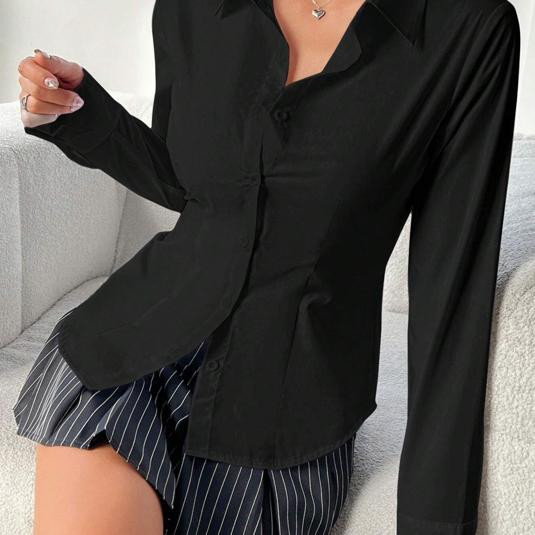 

's Lapel Long Sleeved Waist Cinched