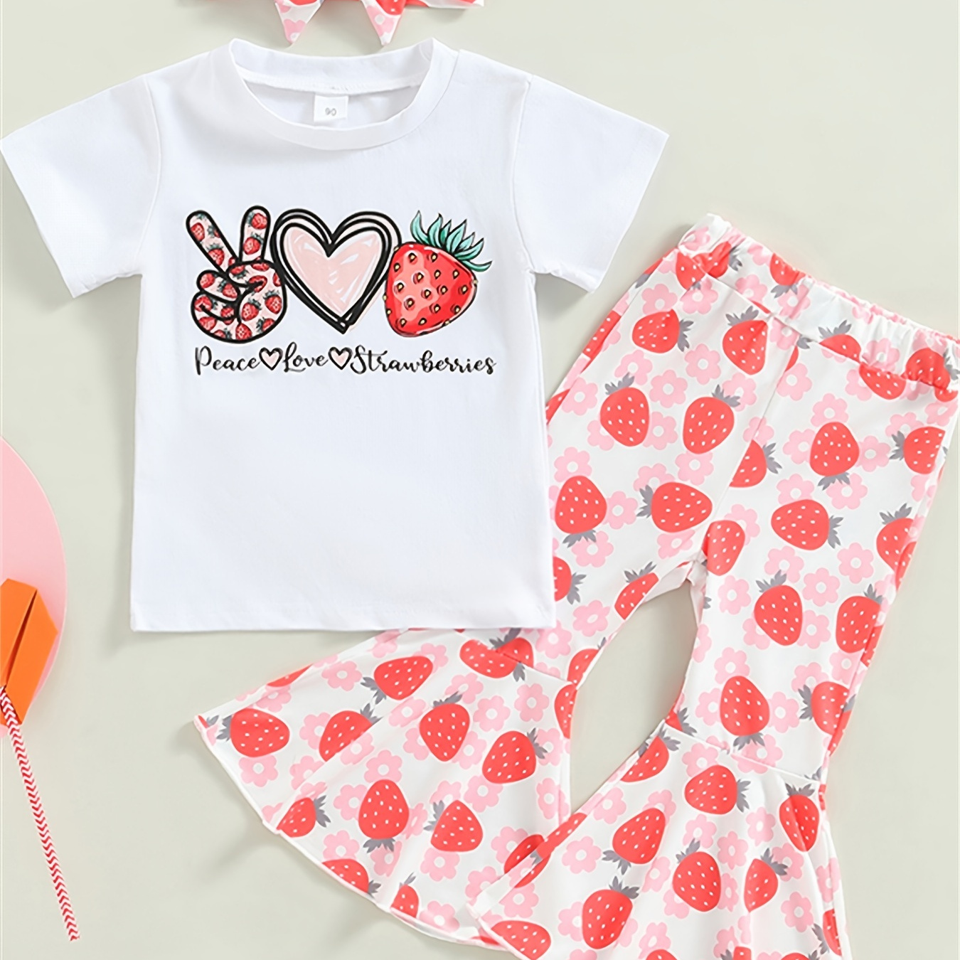 3pcs Girls Cute Strawberry Print & Flared Pants & Headband Set Clothes