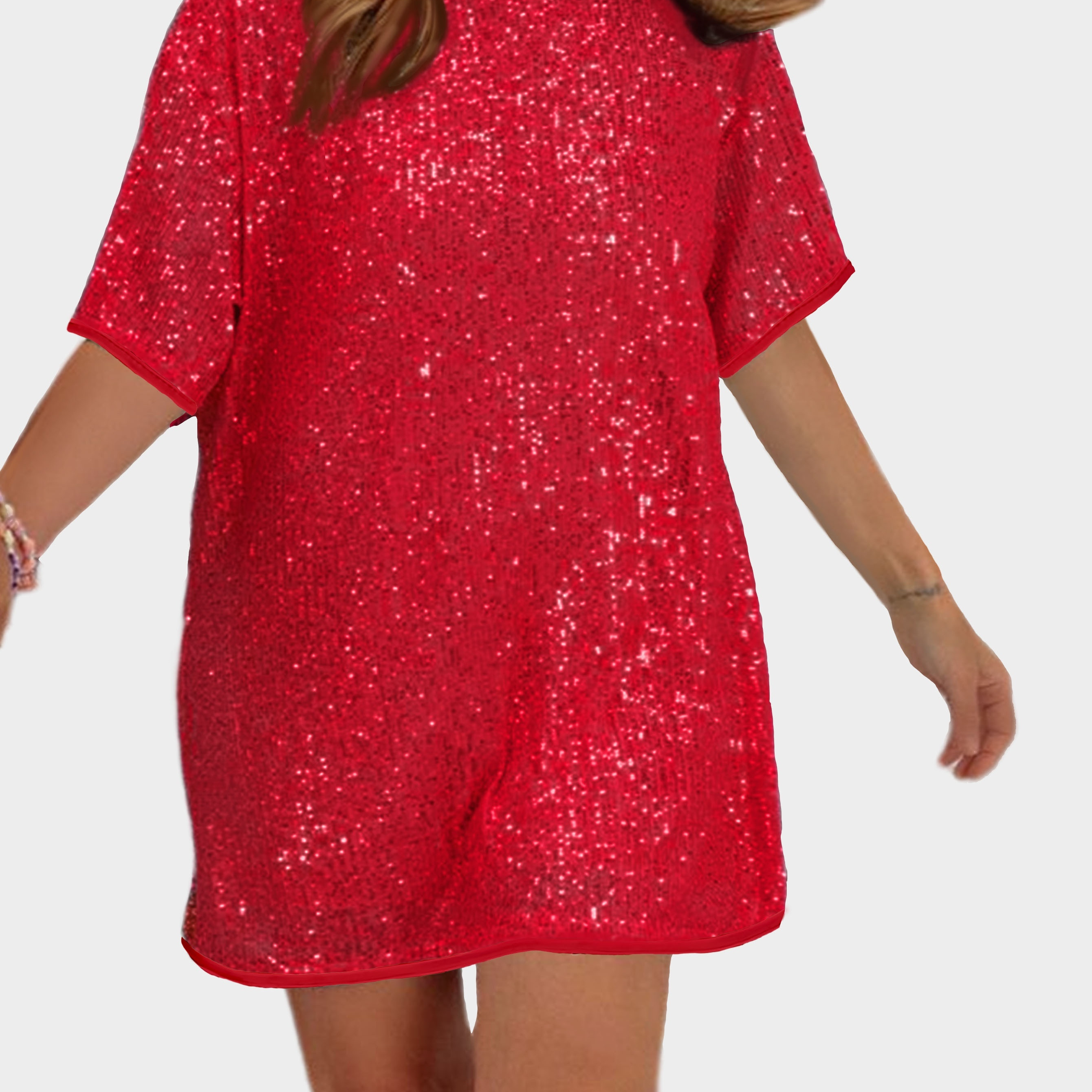 

Plus Size Solid Sequined Above Knee Dress, Elegant Short Sleeve Crew Neck Dress For , Women's Plus Size Clothing