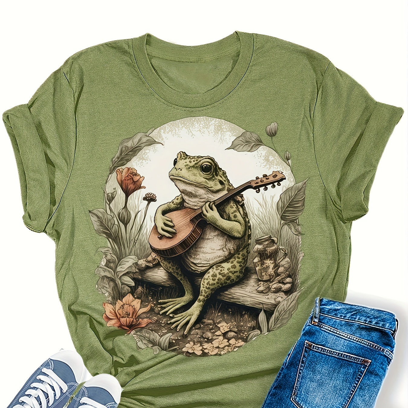 

Frog Print T-shirt, Casual Crew Neck Short Sleeve T-shirt For Spring & Summer, Women's Clothing