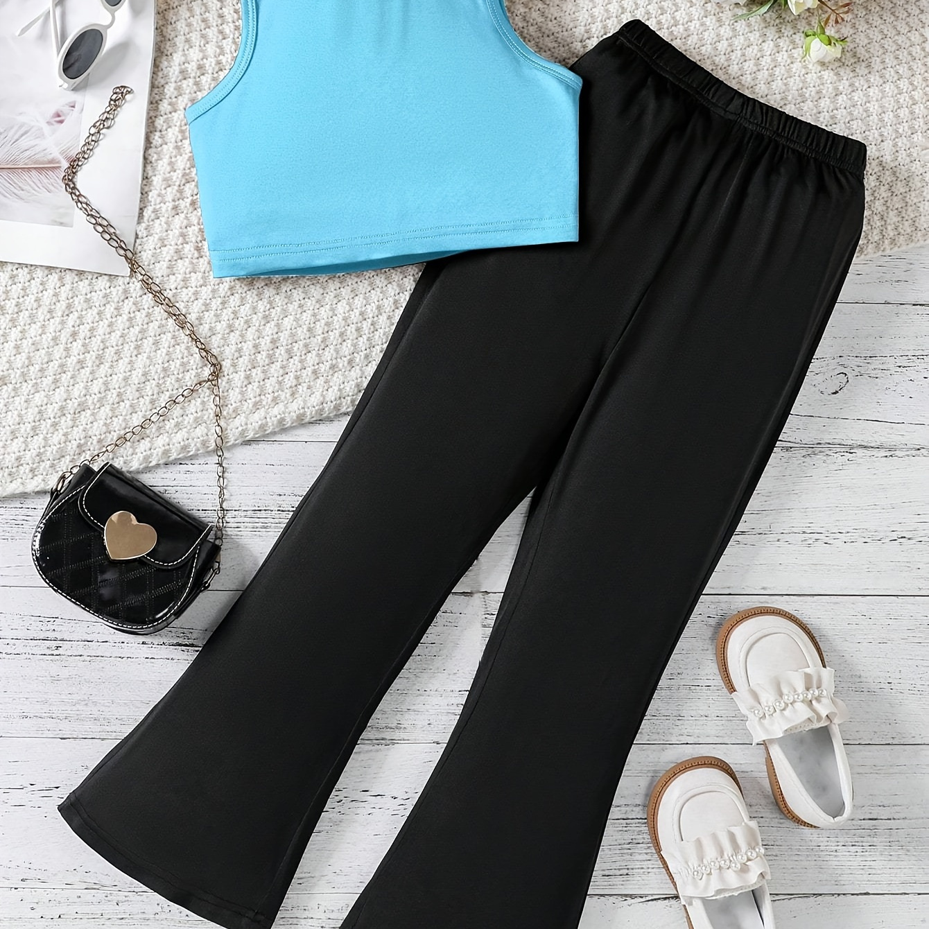 

Summer Outfits Girl's Solid Tank Top + Flared Pants Set Holiday Casual Going Out 2pcs Clothes